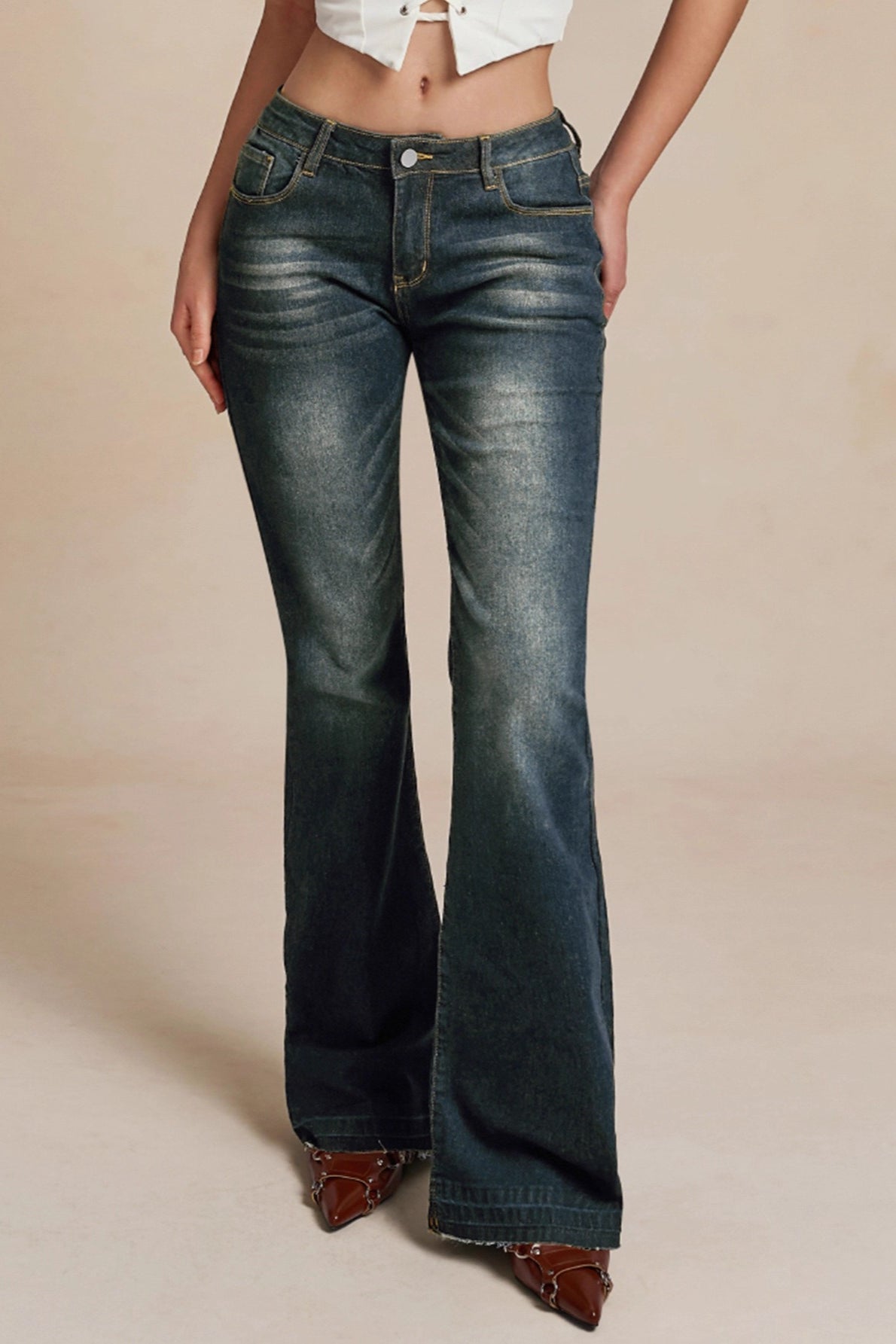 Low-Rise Vintage Washed Flared Denim Jeans
