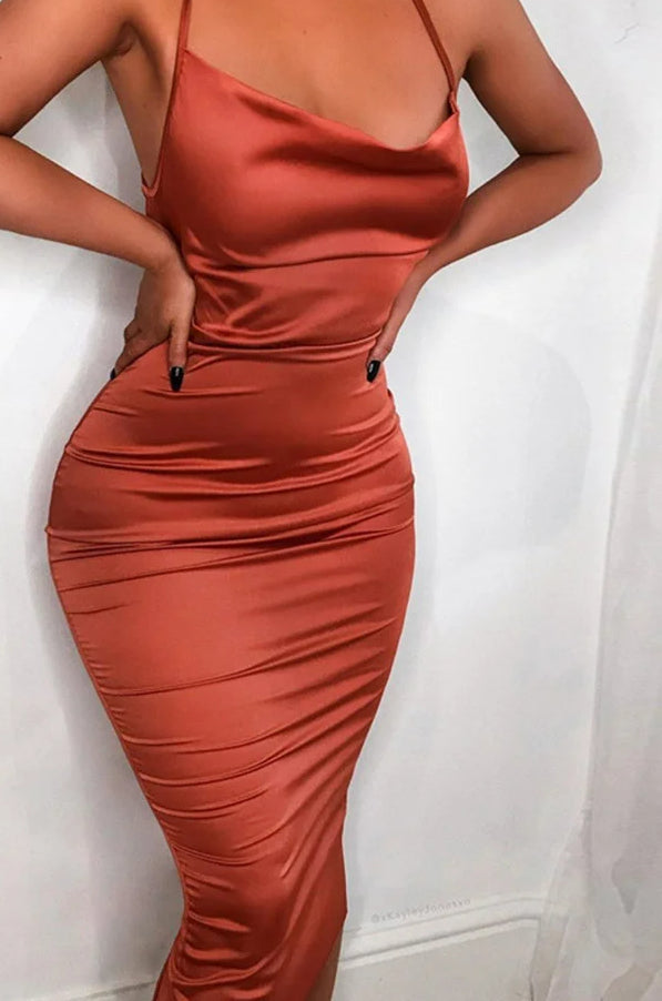 Satin Cowl Neck Spaghetti Strap Ruched Bodycon Midi Dress