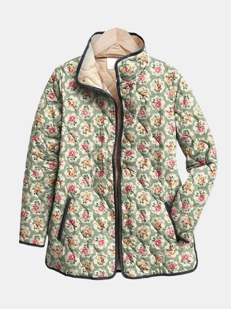 Floral Print Quilted Stand Collar Open Front Jacket
