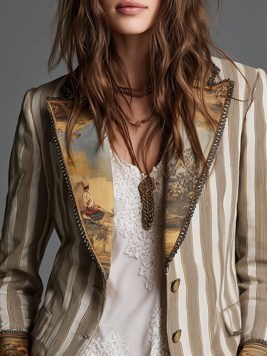 Striped Contrast Lapel Single Breasted Blazer
