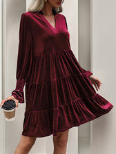 Velvet V-Neck Long Sleeve Tiered Mini Dress 10