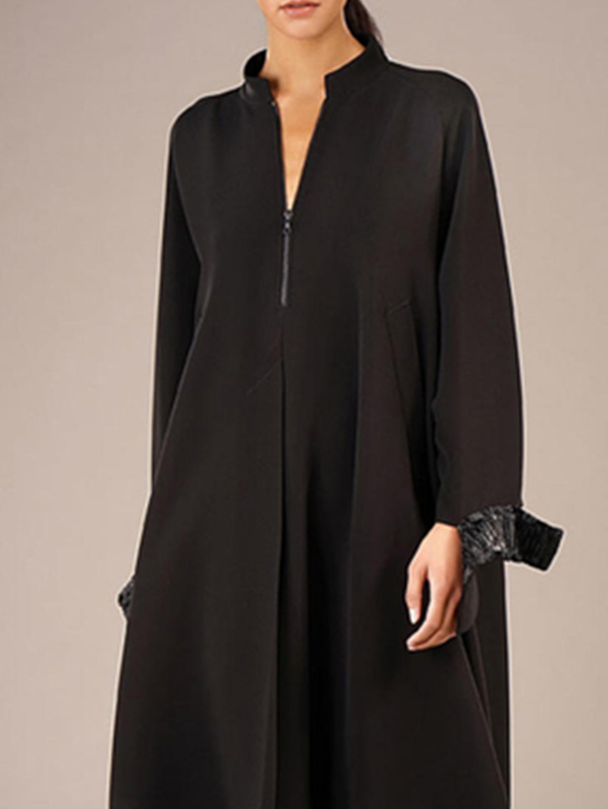 Zip Front Mock Neck Long Sleeve Contrast Cuff Handkerchief Hem Midi Dress