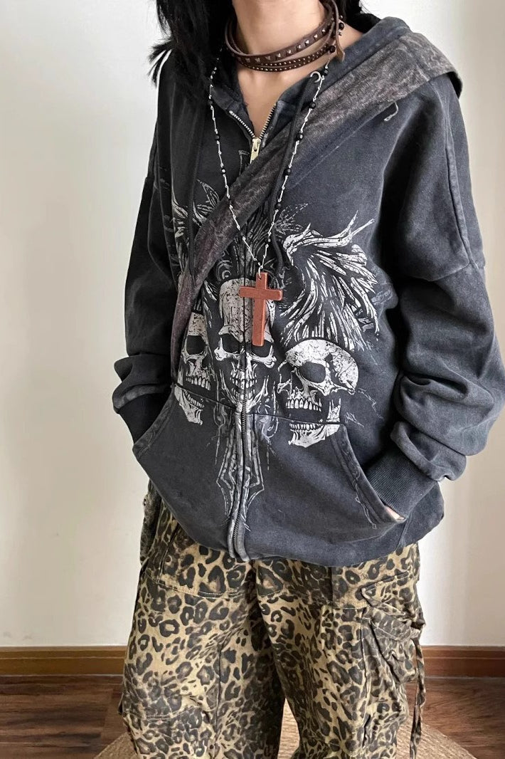 Gothic Skeleton Print Zip Hoodie