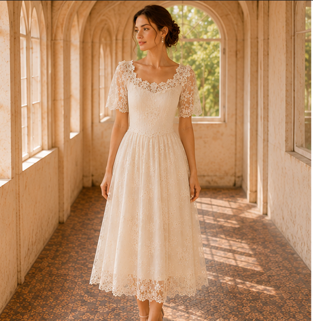 Lace Square Neck Short Sleeve A-Line Midi Dress