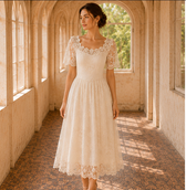 Lace Square Neck Short Sleeve A-Line Midi Dress