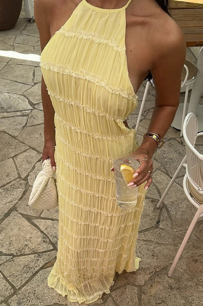 Backless Edition Ruched Striped Tie Ruffled Maxi Boho Dress