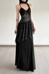 Lace Trim Sheer Waist Tie Cami Maxi Lace Dress 6