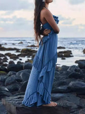 Halter Neck Deep V-Neck Ruffle Tiered Backless Maxi Dress 5