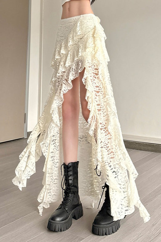 Lace Overlay Wave Detail Bodycon Skirt