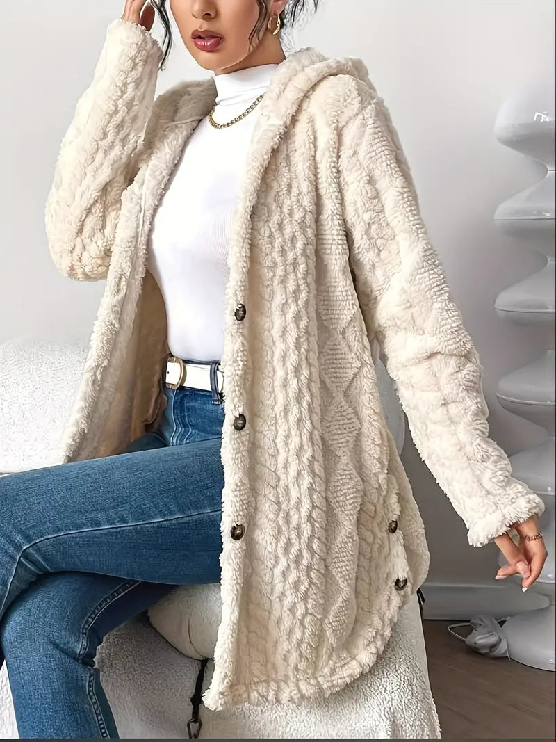 Textured Fleece Hooded Button Front Cardigan Coat