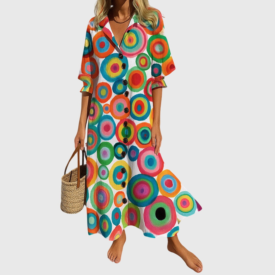 Floral Print V-Neck Button Front Puff Sleeve Maxi Dress