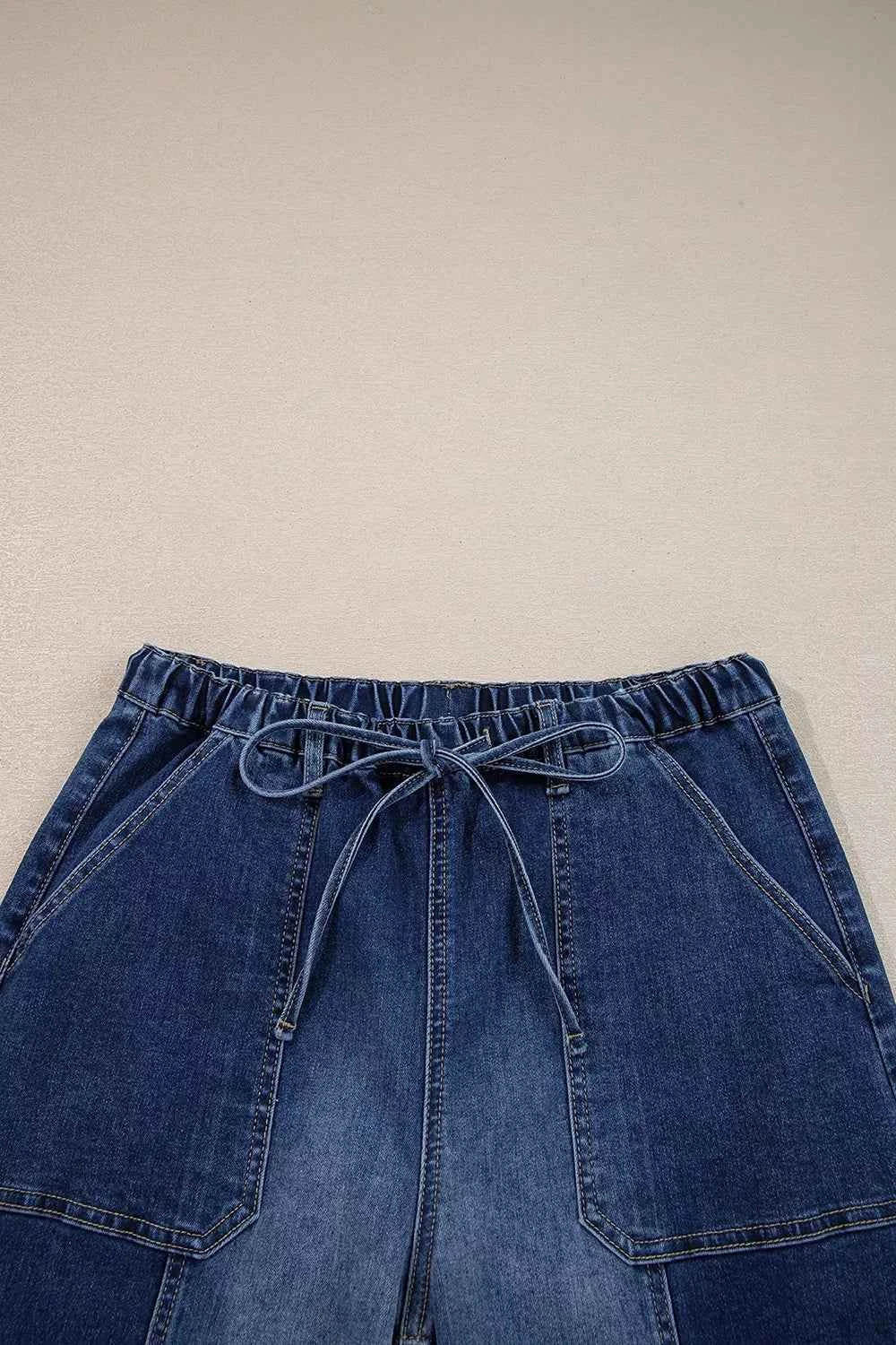 Drawstring Seam Detail Raw Hem Wide Leg Denim Pants