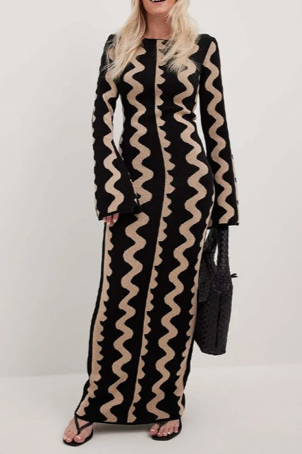 Striped Contrast Slim Knit Sweater Dress Black / One Size