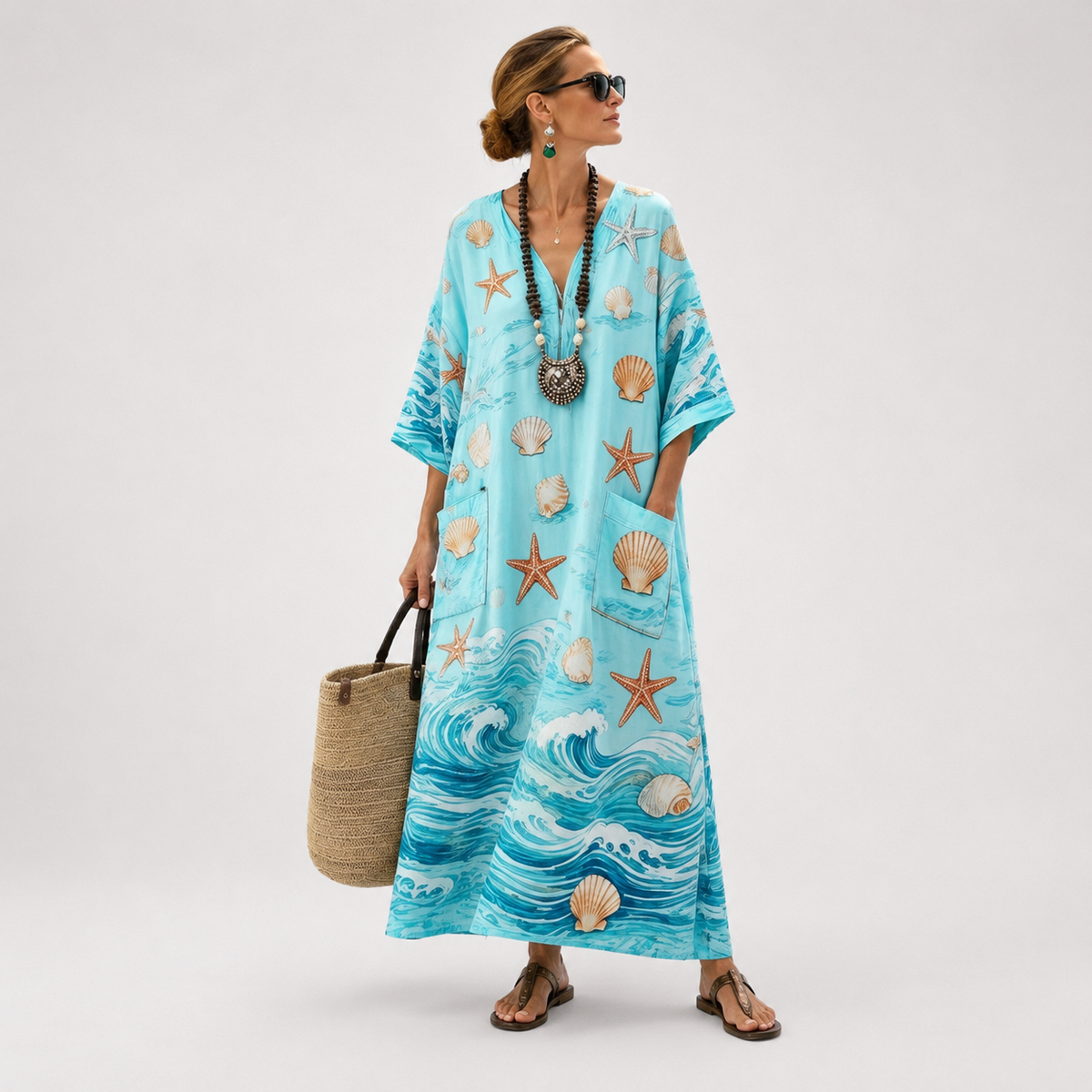 Seashell Wave Print V-Neck Kaftan Maxi Dress
