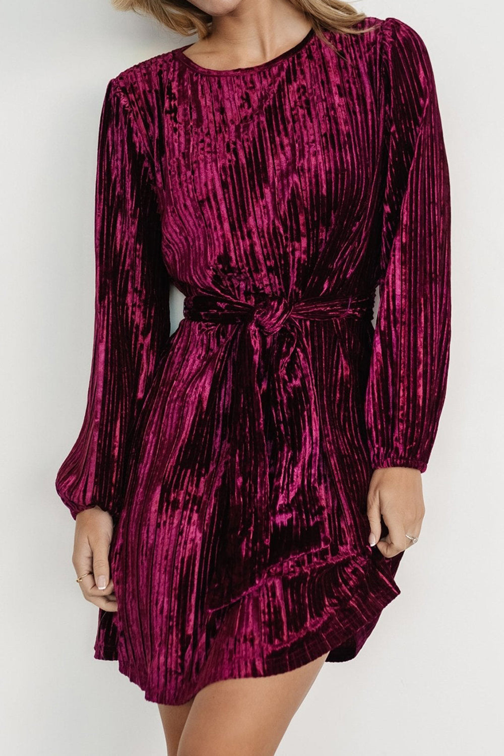 Crushed Velvet Round Neck Long Sleeve Tie Waist Mini Dress 3