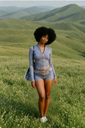 Distressed Denim Zipper Cardigan Jacket Two Piece Shorts Set