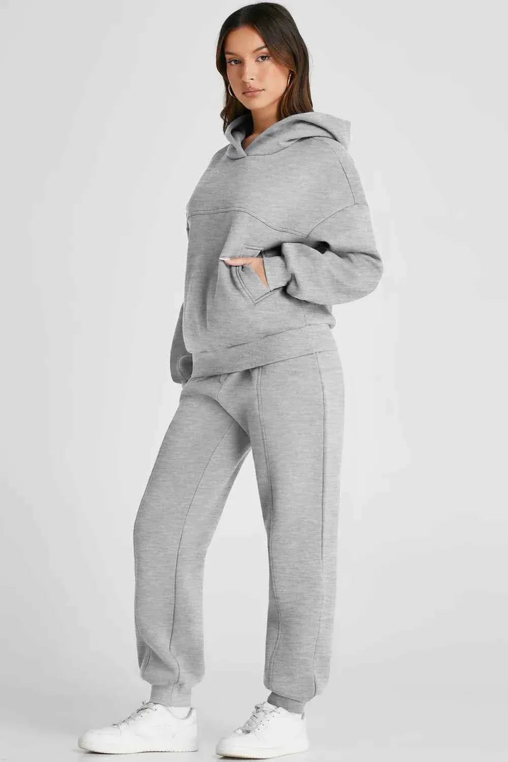 Dropped Shoulder Hoodie and Seam Front Jogger Pants Two Piece Set 3