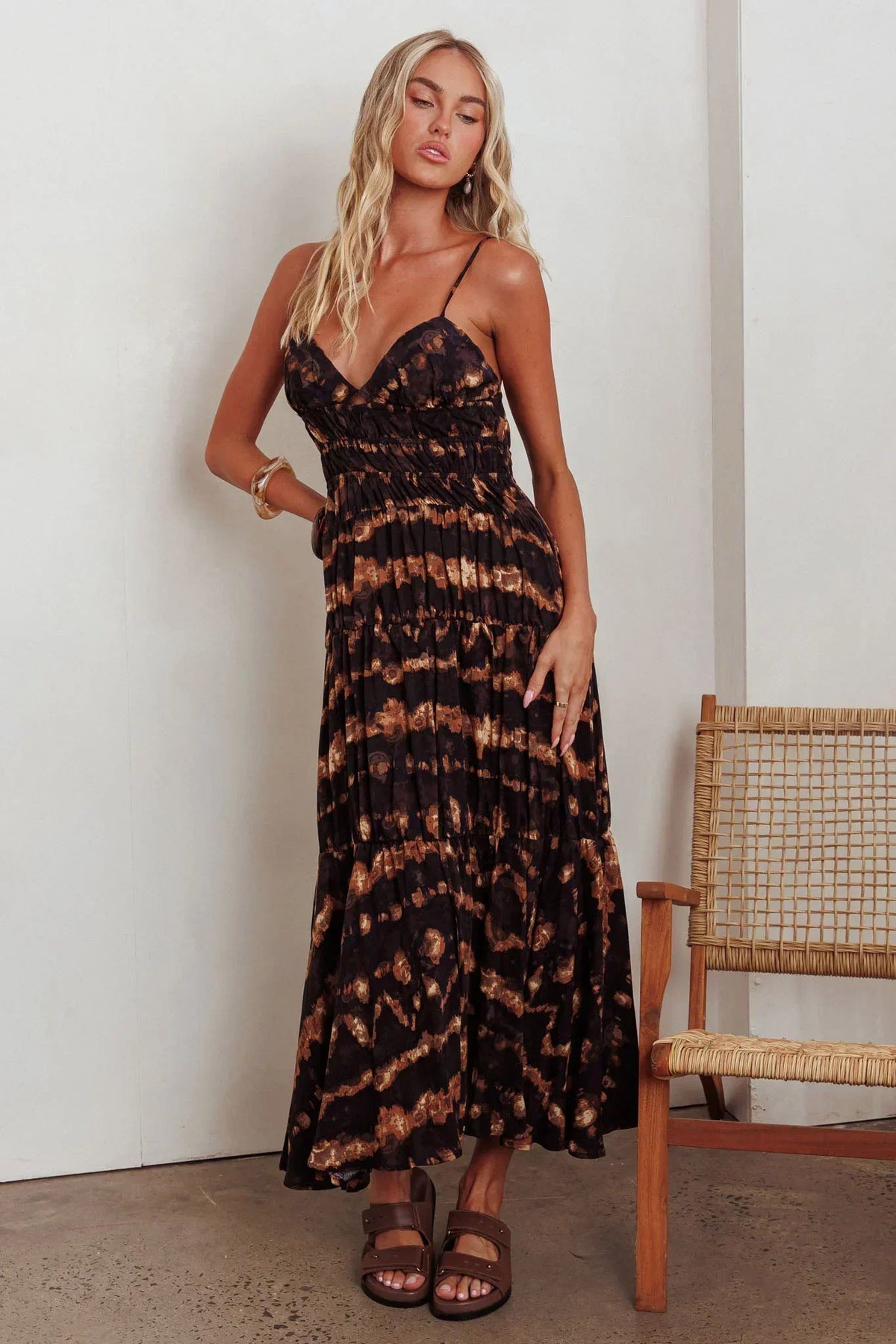 Tie Dye Print V-Neck Shirred Bodice Tiered Maxi Dress 5