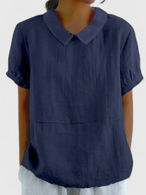 Contrast Collar Short Sleeve Linen Look Top