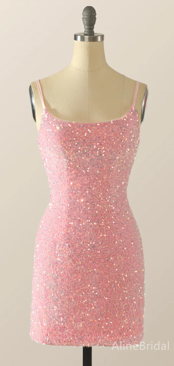 Sparkly Pink Sequins Spaghetti Strap Short Tight Homecoming Dress, HD32679