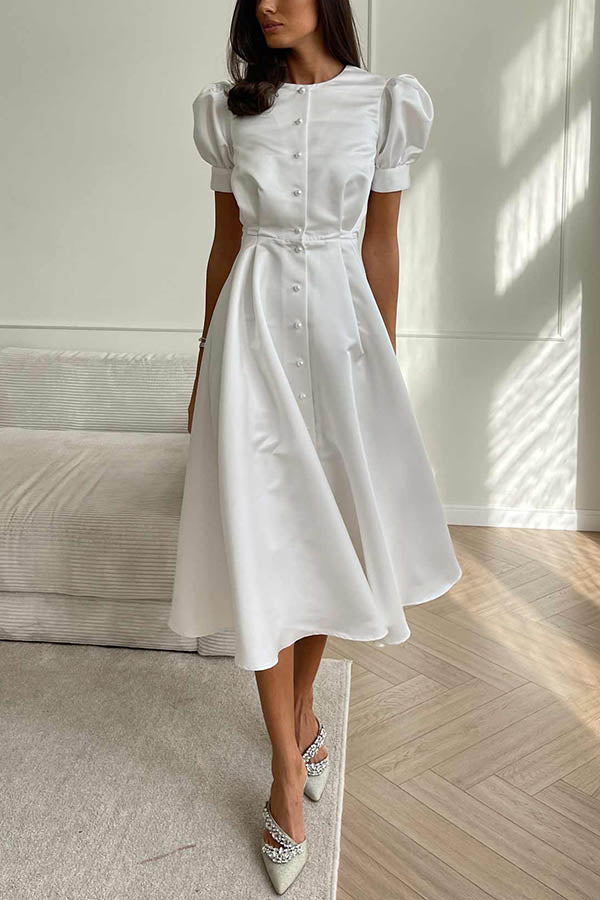 Chic and Classy Vibe Puff Sleeve Pearl Button Slit Midi Dress - View 10