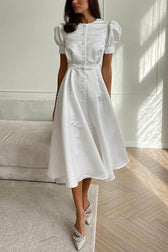 Chic and Classy Vibe Puff Sleeve Pearl Button Slit Midi Dress - View 10