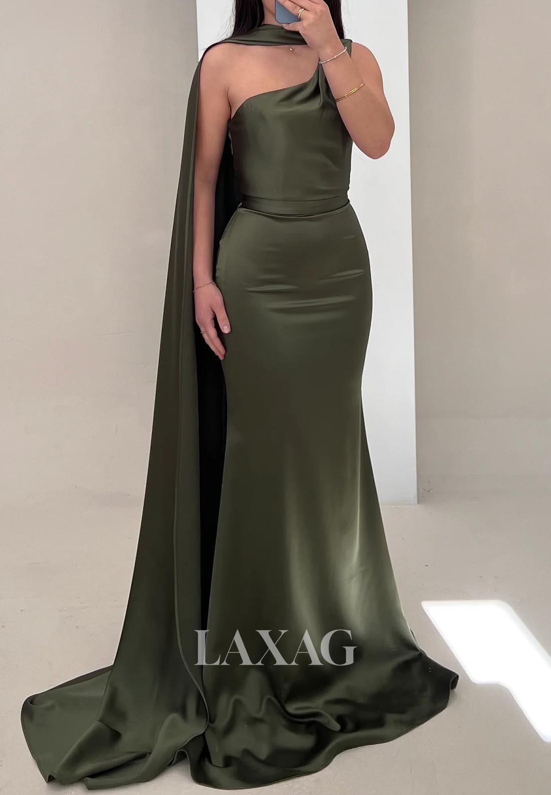 Asymmetrical-Neck Off-Shoulder Formal Gowns Sleeveless Satin Mermaid Evening Dress