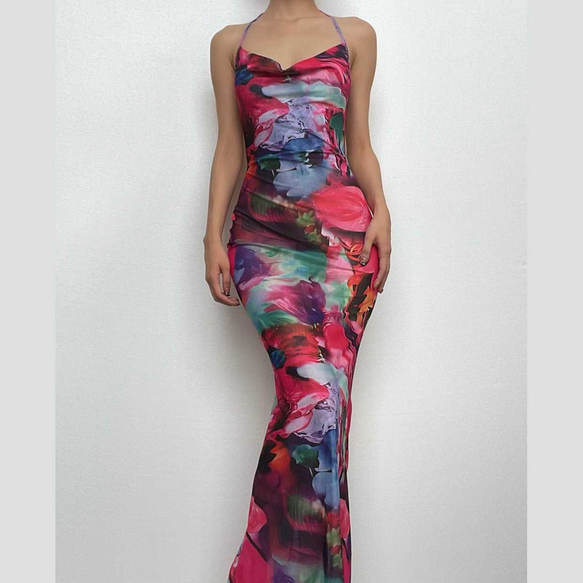 Abstract Floral Print Mesh Halter Cowl Neck Bodycon Maxi Dress