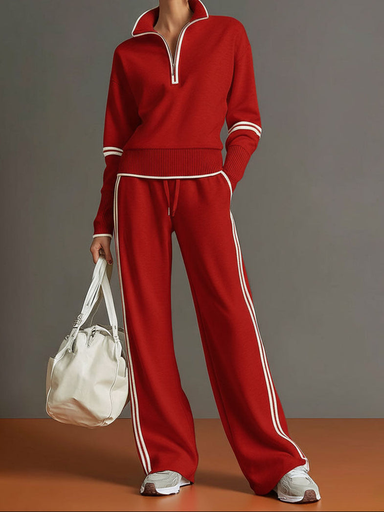Quarter Zip Contrast Trim Pullover and Wide Leg Pants Two Piece Set