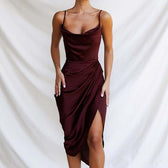 Satin Cowl Neck Spaghetti Strap High Split Slip Midi Dress 6