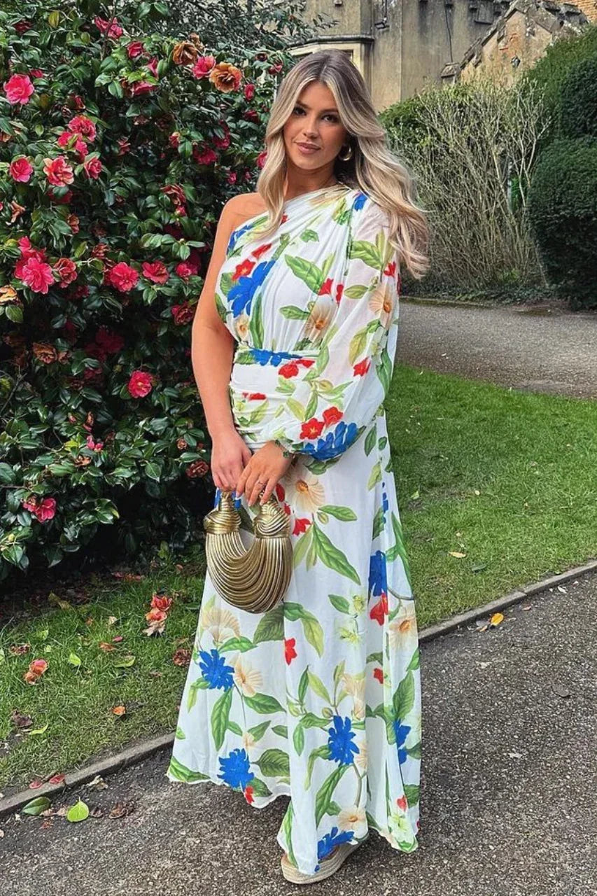 Floral Print One Shoulder Long Sleeve Ruched Waist Maxi Dress 5