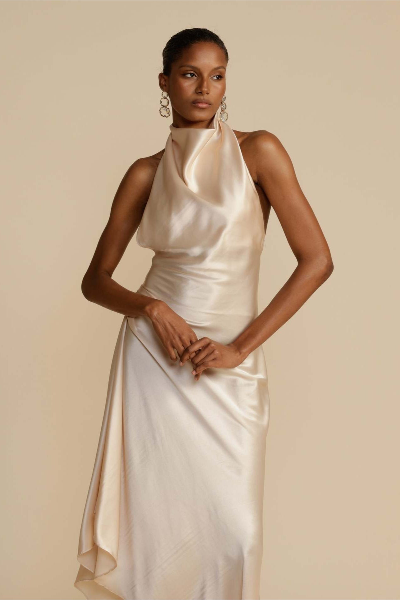Elegant Solid Long Sleeve VNeck Satin Lurex Formal Dress