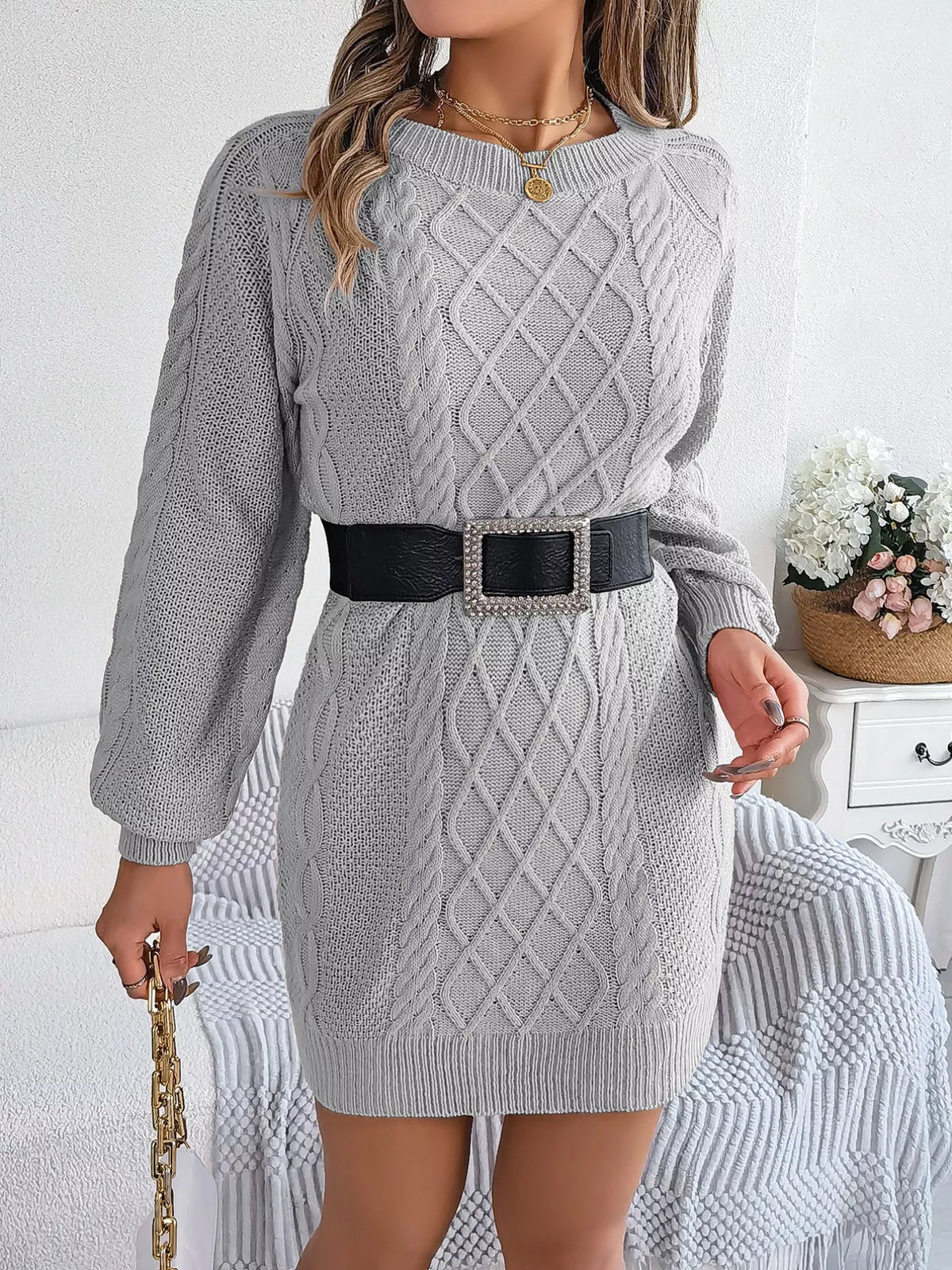 Diamond Cable Knit Crew Neck Long Sleeve Mini Sweater Dress 19