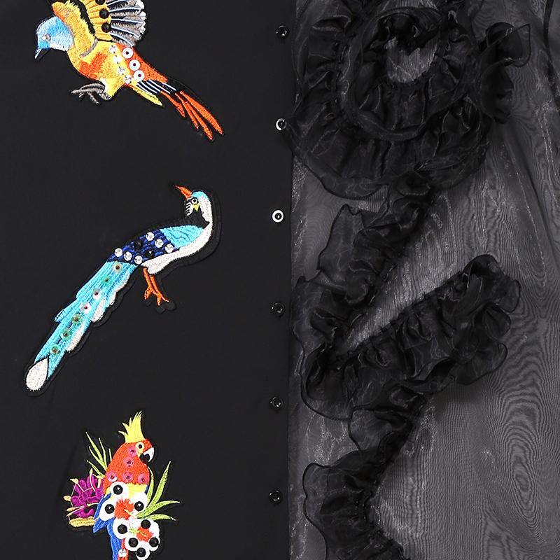 Bird Embroidery Mesh Ruffle Asymmetric Button Front Shirt Midi Dress