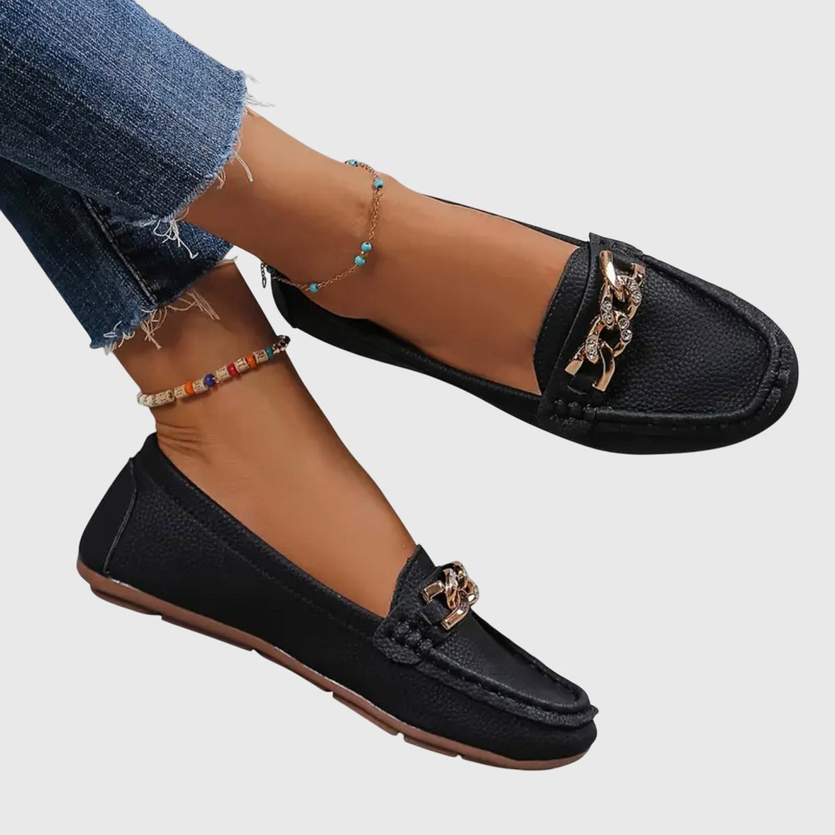 Chain Embellished Round Toe Slip On Loafers