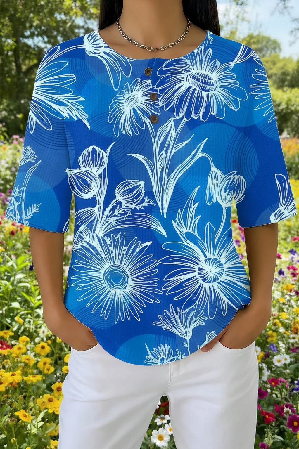 Floral Sketch Print Round Neck Half Sleeve Button Henley Top