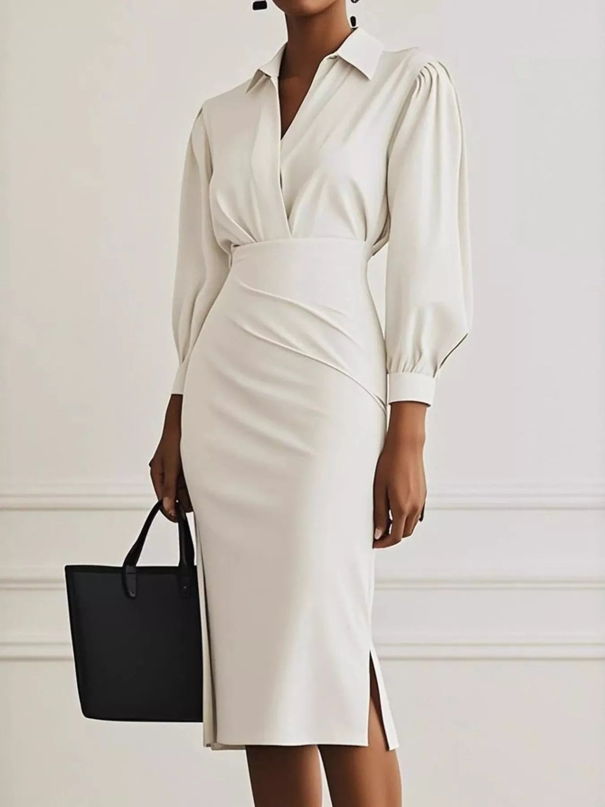 Collared V-Neck Puff Sleeve Ruched Side Slit Midi Shirt Dress 8