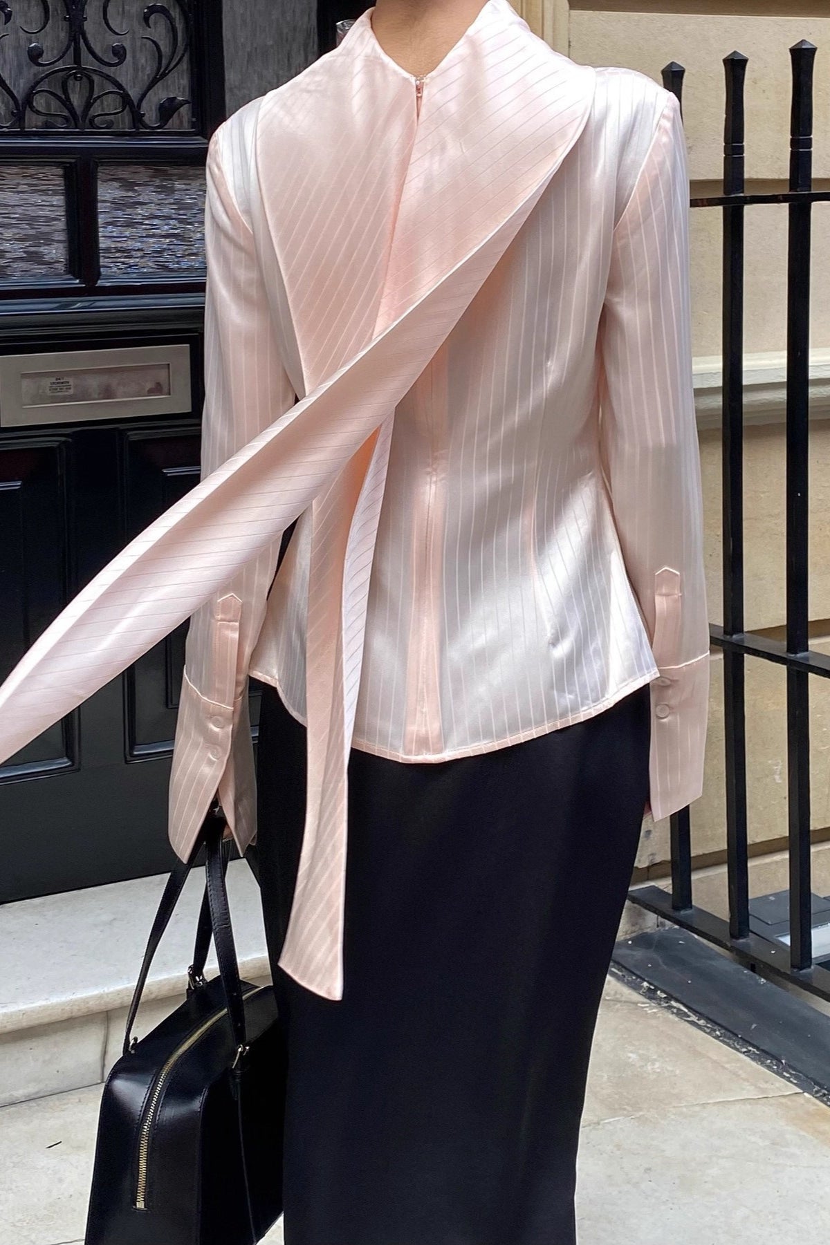Stand Collar Neck Tie Slim Fit Workwear Long Sleeve Blouse