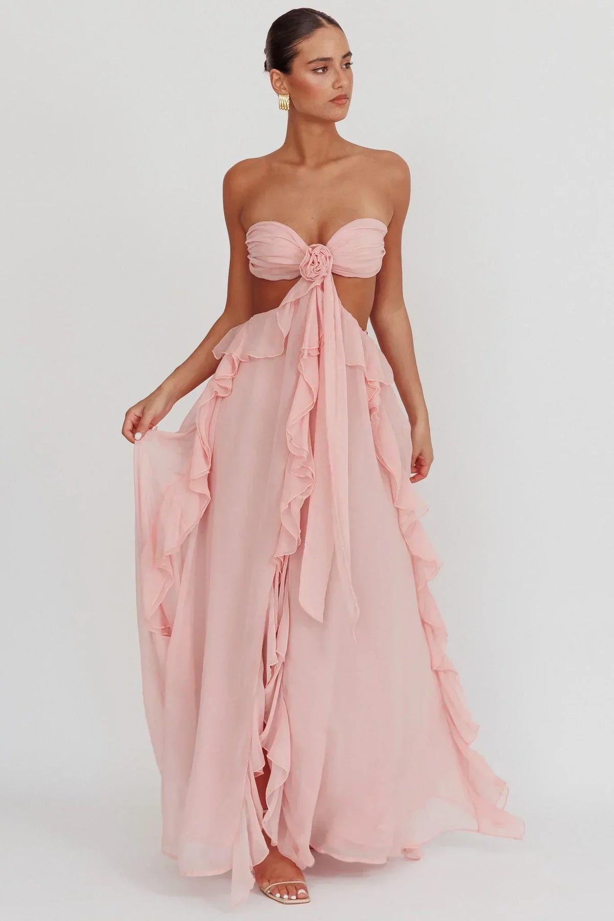 Chiffon Strapless Rosette Tie Front Cut Out Ruffle Maxi Dress