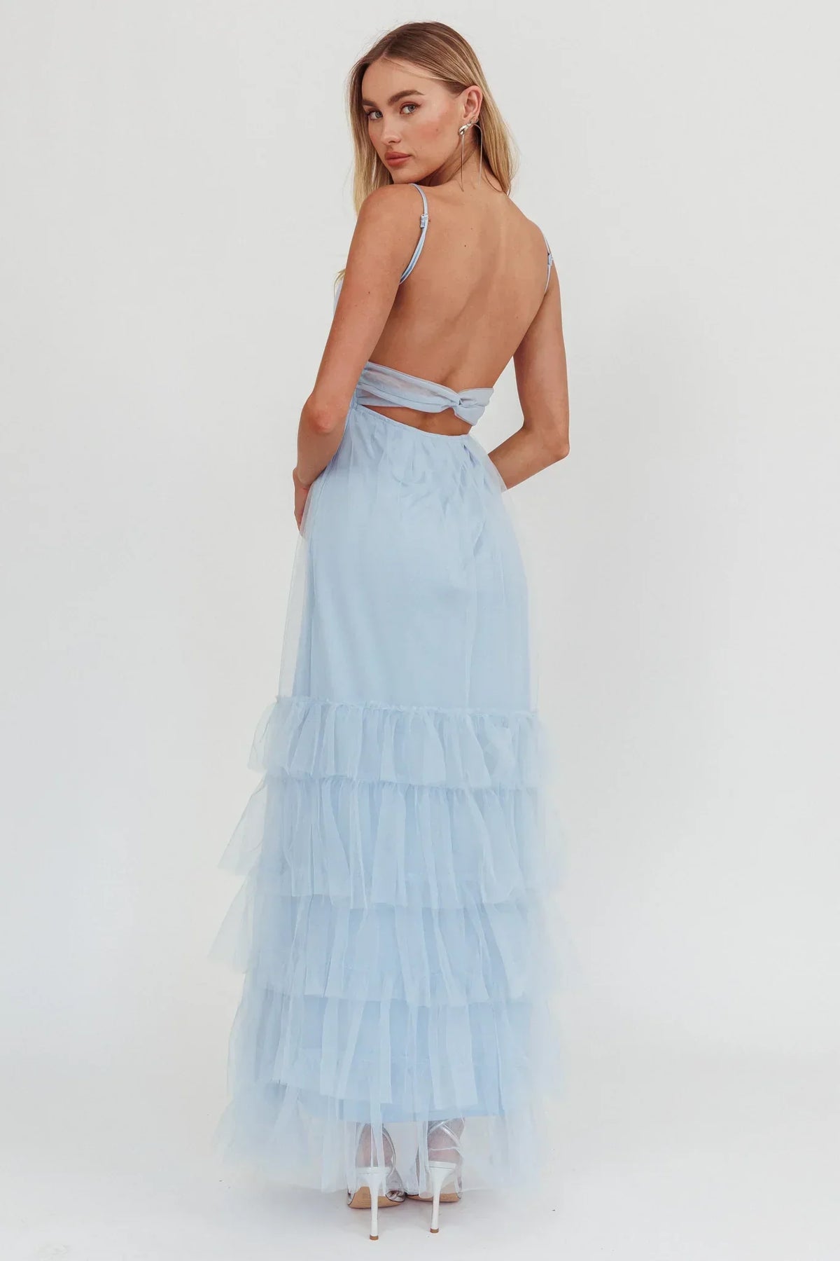 Tulle Spaghetti Strap Ruched Bust Tiered Ruffle Maxi Dress 2
