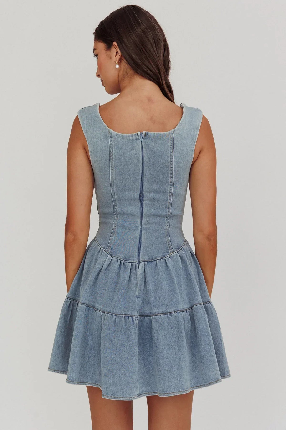 Denim-Look Square Neck Button Front Corset Bodice Tiered Mini Dress 3