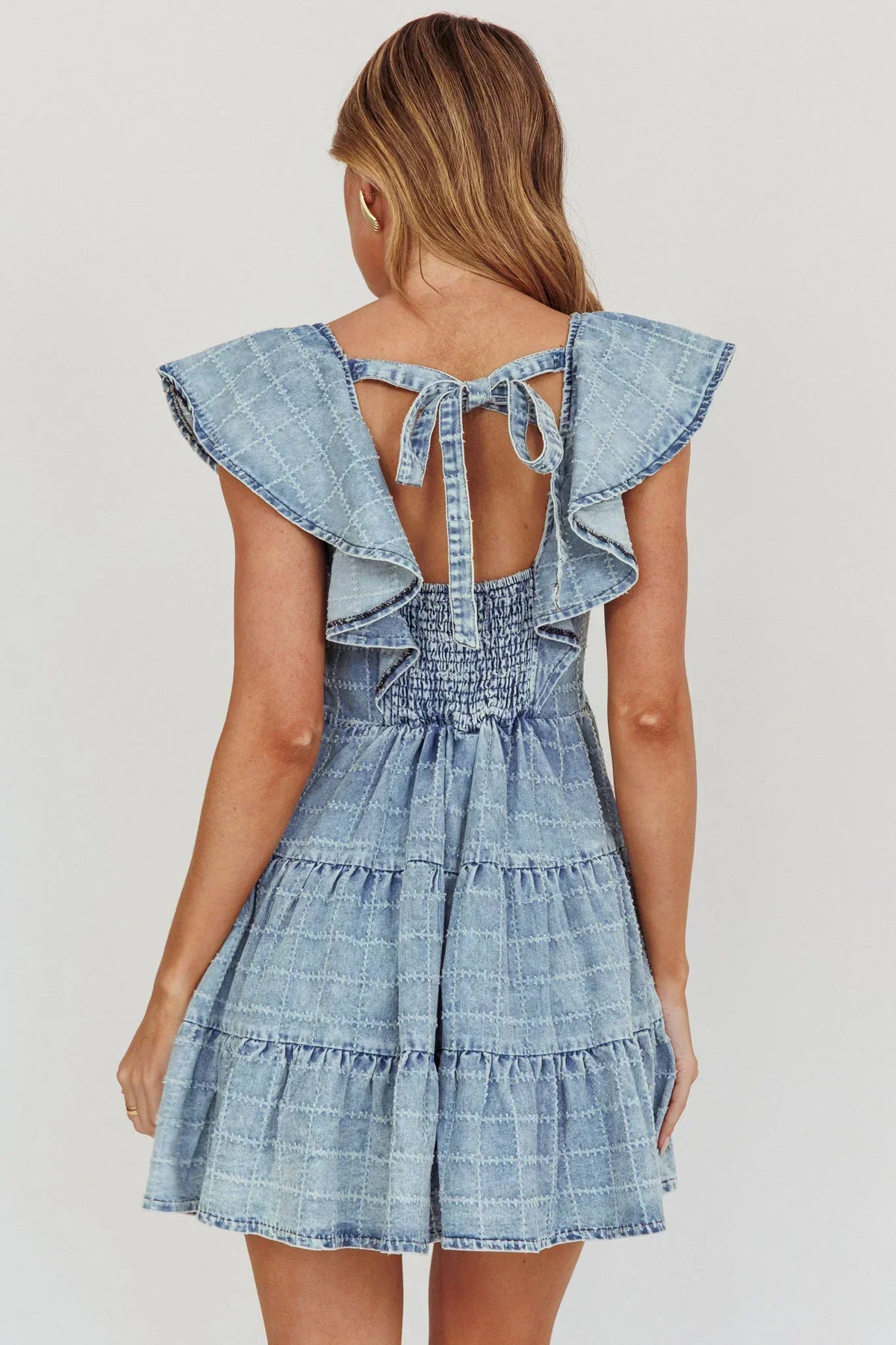Grid Embroidered Denim-Look Flutter Sleeve V-Neck Tiered Mini Dress 2