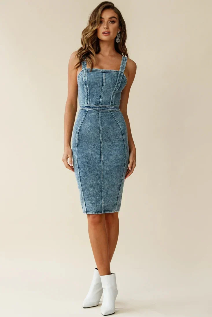 Acid Wash Denim-Look Square Neck Seamed Bodycon Midi Dress 6