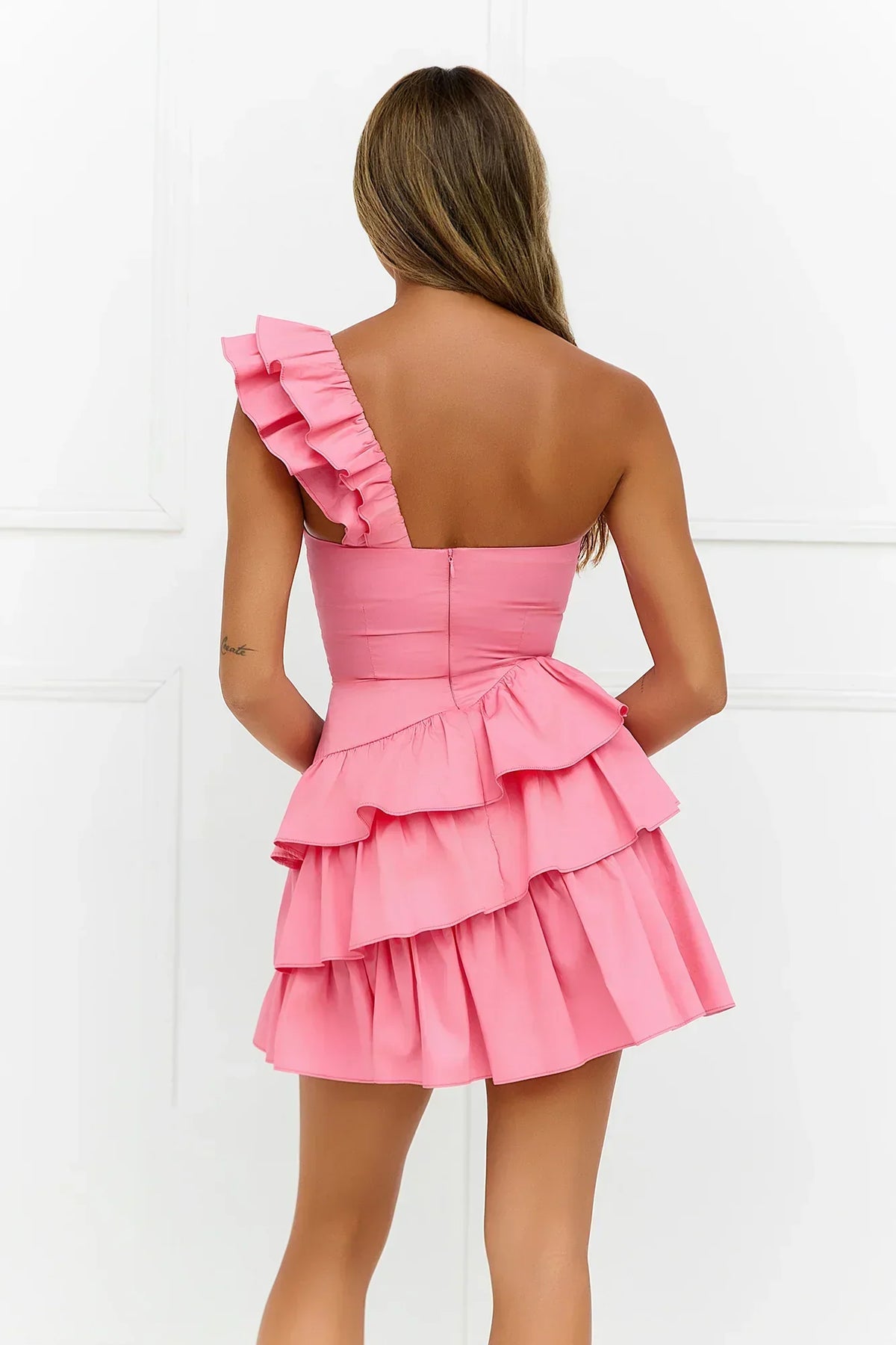 One Shoulder Ruffle Trim Sweetheart Tiered Ruffle Mini Dress 19