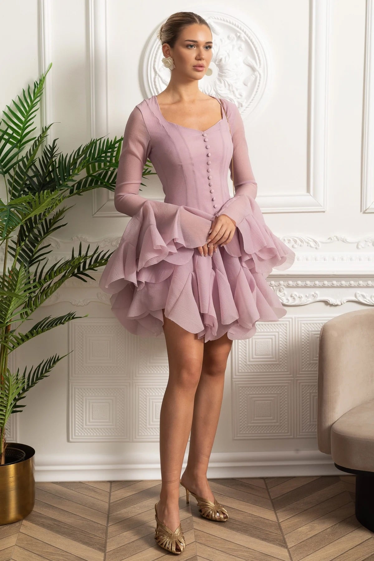 Sweetheart Neck Sheer Flared Long Sleeve Button Front Ruffle Hem Mini Dress 2