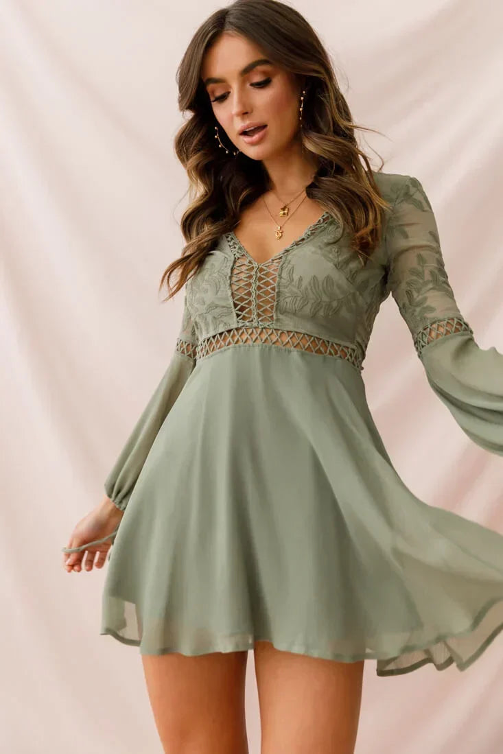 Embroidered Deep V-Neck Crochet Trim Balloon Sleeve Mini Dress 9