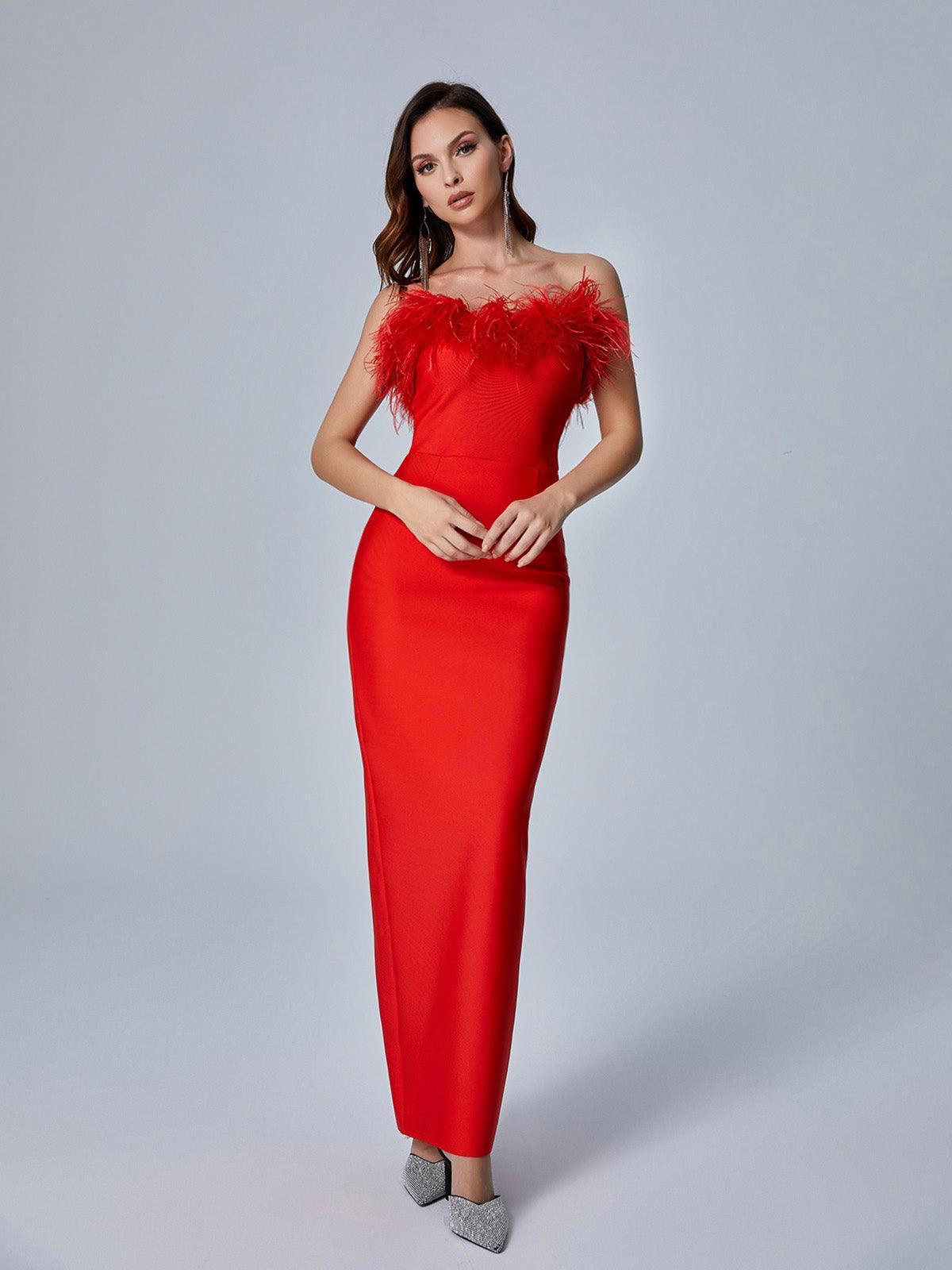 Mina Strapless Feather Trimmed Bandage Dress In Red 2