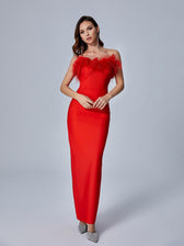 Mina Strapless Feather Trimmed Bandage Dress In Red 2