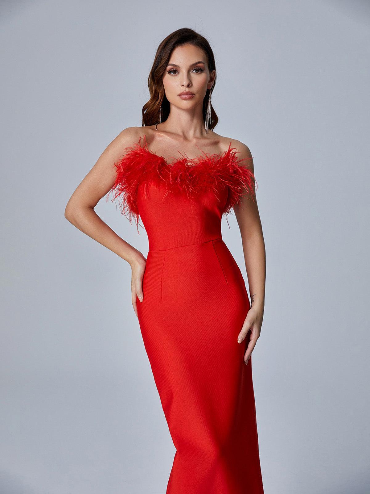Mina Strapless Feather Trimmed Bandage Dress In Red 3