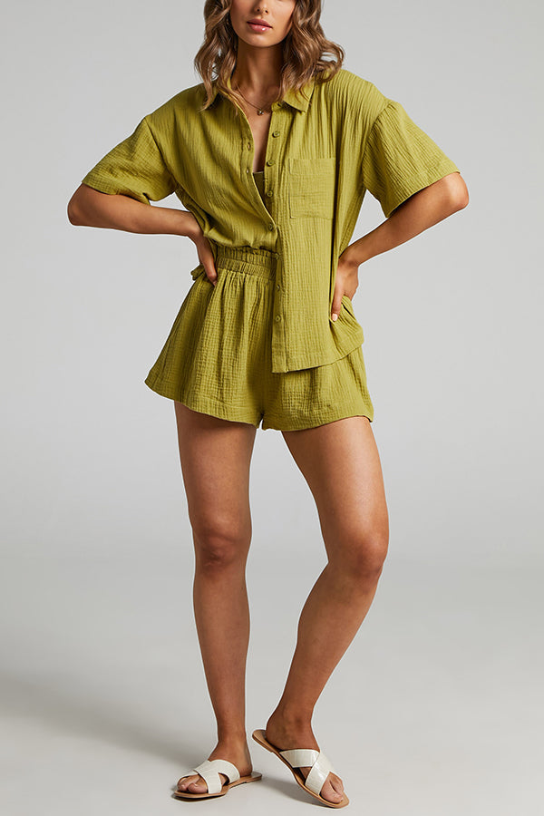 Button Half Sleeve Blouse Short Set